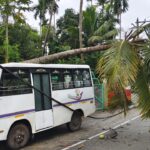 പുതുക്കാട് സ്കൂൾ വാനിന് മുകളിൽ തെങ്ങ് വീണു; വൈദ്യുതി ലൈനുകൾ തകർന്നു
