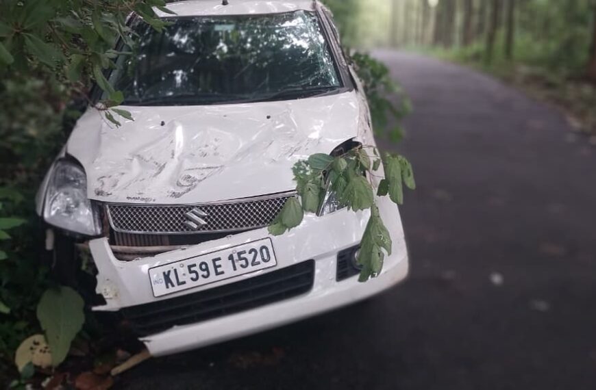 ഇഞ്ചക്കുണ്ടില്‍ കാര്‍ മരക്കുറ്റിയിലിടിച്ച് മറിഞ്ഞു; റോഡരികിലെ അപകടക്കെണികള്‍ മാറ്റണമെന്ന് നാട്ടുകാര്‍